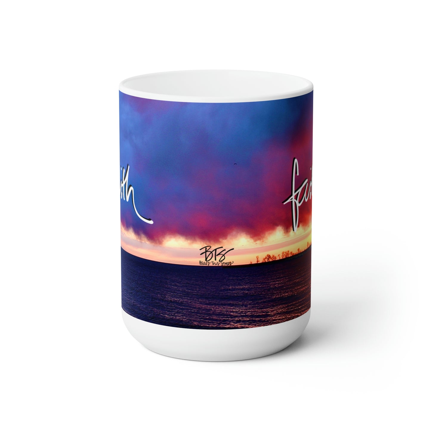 Handwritten "faith" Stormy Sunrise Ceramic Mug 15oz